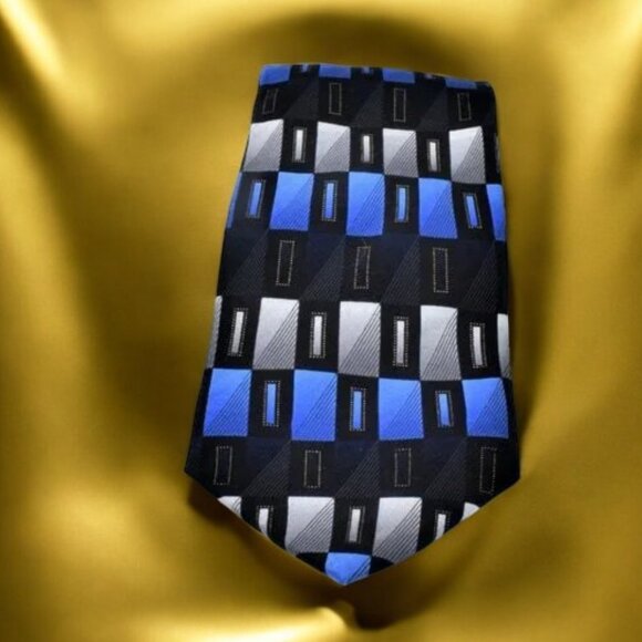 Covington Geometric Tie 100% Silk Blue Black White Gray - Picture 1 of 5